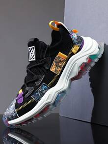 Men Color Block Chunky Sneakers, Fabric Lace Up Front Sneakers - Black - View 2