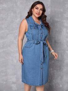 SHEIN Unity Đầm Denim kích thước lớn Thắt lưng Túi Nút phía trước màu trơn Giải trí - Rửa nhẹ - Xem 4