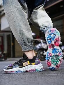 Men Color Block Chunky Sneakers, Fabric Lace Up Front Sneakers - Black - View 4