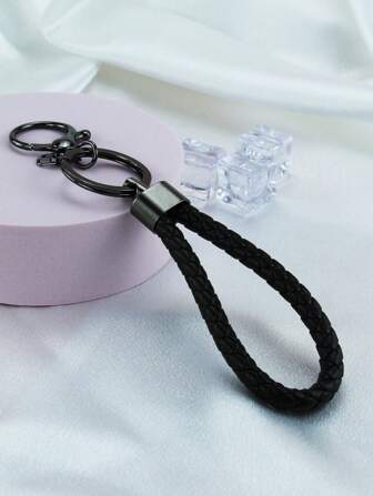 1pc Women's Portable Fashionable Black Braided Stripe Keychain Casual Car Accessories Bag Charm School