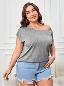 SHEIN LUNE Plus Áo thun tay cánh dơi rắn - Xám - Xem 4