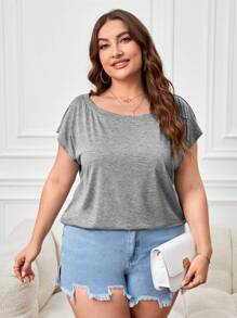 SHEIN LUNE Plus Áo thun tay cánh dơi rắn - Xám - Xem 1