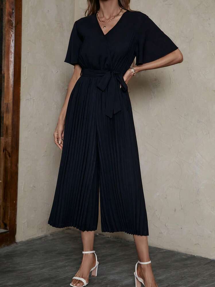 SHEIN Clasi Solid Pleated Hem Belted Wide Leg Jumpsuit - Black - View 1