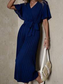SHEIN Clasi Surplice Neck Butterfly Sleeve Pleated Hem Belted Jumpsuit