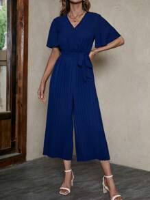 SHEIN Clasi Surplice Neck Butterfly Sleeve Pleated Hem Belted Jumpsuit