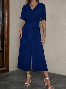 SHEIN Clasi Surplice Neck Butterfly Sleeve Pleated Hem Belted Jumpsuit