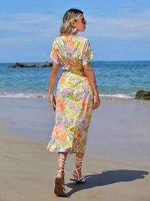 SHEIN VCAY Bộ đồ hai mảnh nữ Xù Tách cao Thắt nơ trước Hoa Tất cả trên in Boho - trắng - Xem 3