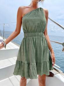 SHEIN VCAY 單肩荷葉邊連衣裙 - 綠色 - 查看 6