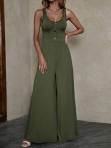 SHEIN LUNE Áo liền quần nữ Nút Nút phía trước màu trơn Giải trí - xanh quân đội - Xem 3