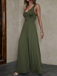 SHEIN LUNE Áo liền quần nữ Nút Nút phía trước màu trơn Giải trí - xanh quân đội - Xem 4