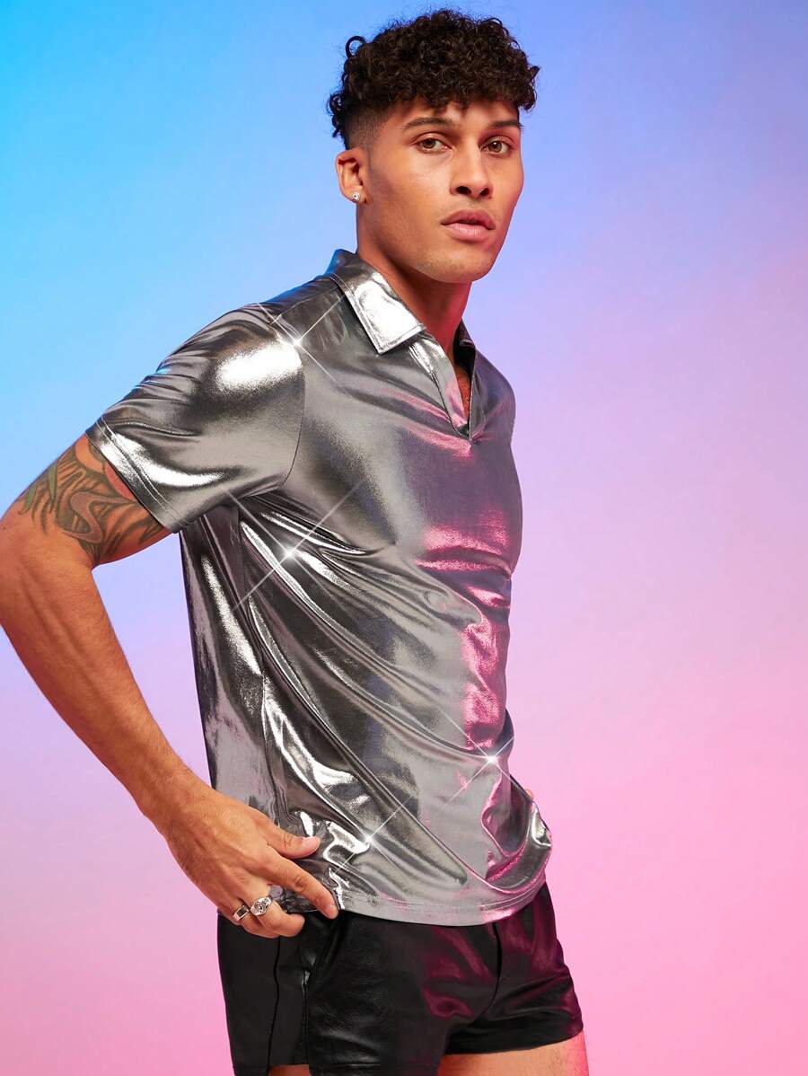 Manfinity Men Metallic Polo Shirt - Silver - View 1