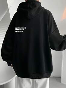 Manfinity Hypemode Men Letter Graphic Drop Shoulder Drawstring Hoodie - Black - View 1