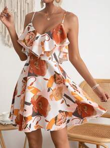 SHEIN VCAY Floral Print Ruffle Trim Cami Dress - Multicolor - View 3