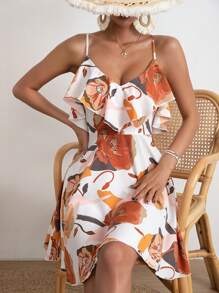 SHEIN VCAY Floral Print Ruffle Trim Cami Dress - Multicolor - View 4