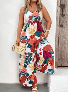 SHEIN LUNE 大碼熱帶圖案闊腿吊帶連體褲 - 彩色 - 查看 5