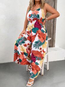 SHEIN LUNE 大碼熱帶圖案闊腿吊帶連體褲 - 彩色 - 查看 8