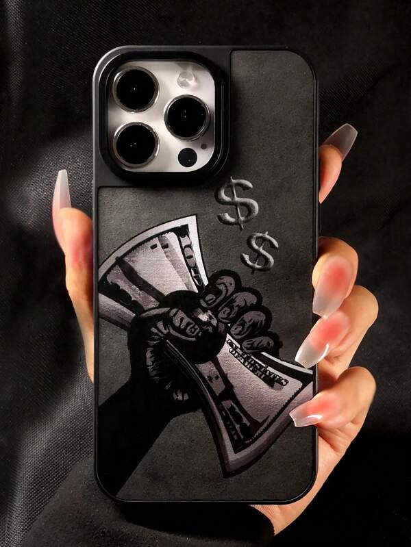 1pc Handheld Cash Print Phone Case With Black Suede Texture, Compatible With Iphone 11, 12, 12 Pro Max, 13, 13 Pro Max, 14, 14 Pro Max, 15, 15 Pro Max