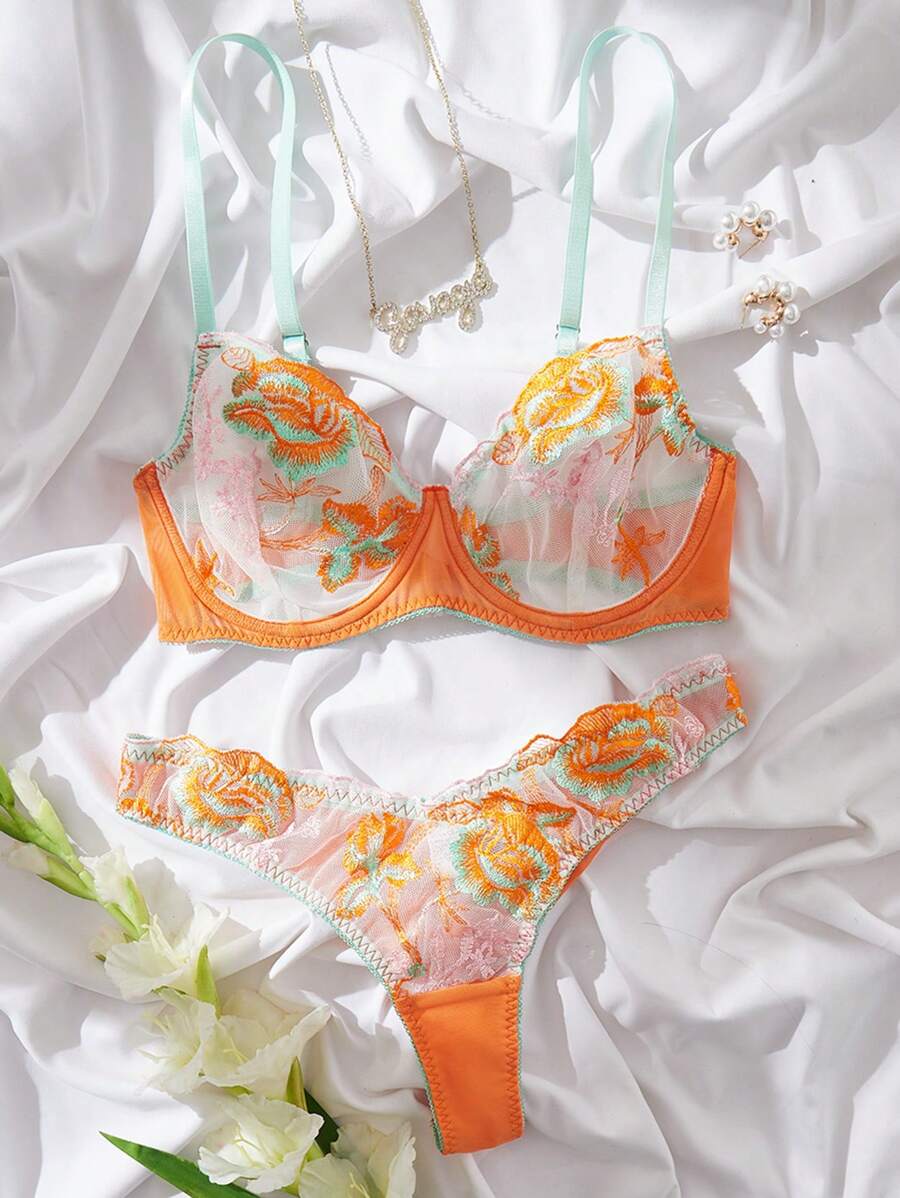 Floral Embroidery Mesh Underwire Bra & Panty Lingerie Set - Orange - View 1