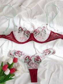 Conjunto de lencería de encaje con bordado floral con sujetador con aros y panty - Rojo - Ver 1