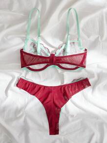 Conjunto de lencería de encaje con bordado floral con sujetador con aros y panty - Rojo - Ver 2