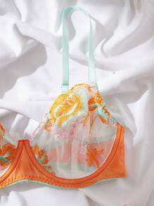 Floral Embroidery Mesh Underwire Bra & Panty Lingerie Set - Orange - View 4