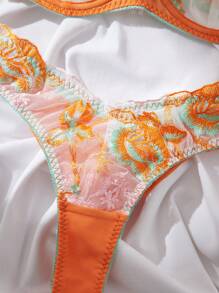 Floral Embroidery Mesh Underwire Bra & Panty Lingerie Set - Orange - View 5