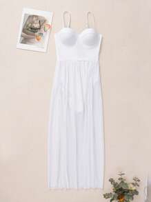 SHEIN Swim 兩穿高衩緊身上衣連體泳衣 - 白色 - 查看 5