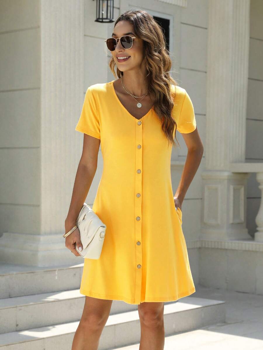 素色前紐扣連衣裙 - 黃色 - 查看 1