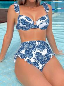 Bañador bikini push up con estampado floral ribete con fruncido - Azul y blanco - Ver 6
