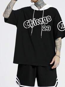 Aesthetic Post--Men Letter Graphic Drawstring Hooded Tee - Black - View 1