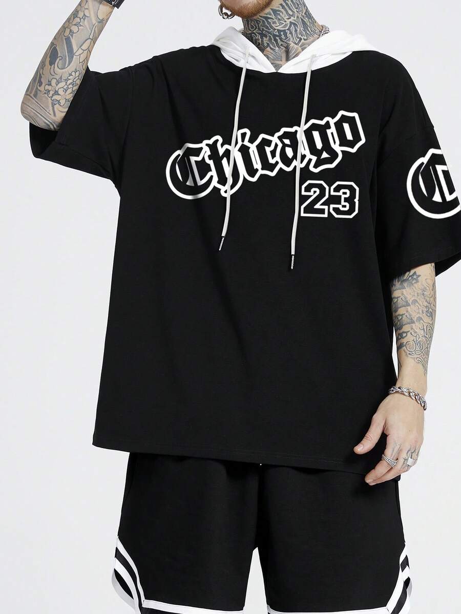 Aesthetic Post--Men Letter Graphic Drawstring Hooded Tee - Black - View 1