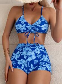 Bañador bikini con estampado floral con cordón - Azul - Ver 1
