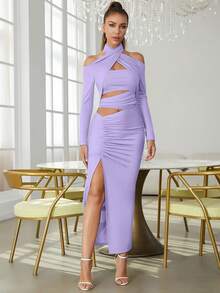 Cắt ra Xù Tách đùi Halter Neck Váy bodycon - Màu Lilac Tím - Xem 5