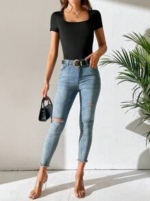 SHEIN Tall Solid Scoop Neck Tee Bodysuit