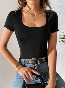 SHEIN Tall Solid Scoop Neck Tee Bodysuit