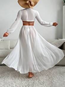 SHEIN Swim Cut Out Waist Split Thigh Cover Up Dress Without Bikini Set,Summer Beach - White - View 2