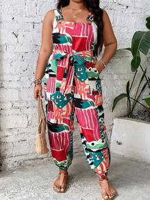 SHEIN Holidaya Plus Allover Print Belted Overall Jumpsuit - White - View 3