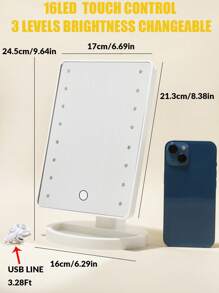 1 pieza Espejo de maquillaje con luz de 16 LED de doble alimentación a batería/USB, ajuste de brillo por tacto, superficie del espejo giratoria y luminosa, adecuado para el hogar, la oficina, los viajes, como regalo para mujeres - Blanco - Ver 11