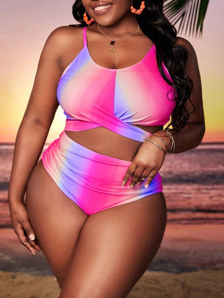 SHEIN Swim Curve Plus Size Ombre Crisscross Tie Back Bikini Set Summer Beach