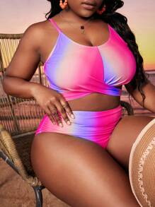 SHEIN Swim Curve Plus Size Ombre Crisscross Tie Back Bikini Set Summer Beach