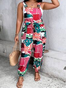 SHEIN Holidaya Plus Allover Print Belted Overall Jumpsuit - White - View 8