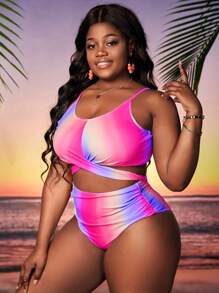 SHEIN Swim Curve Plus Size Ombre Crisscross Tie Back Bikini Set Summer Beach