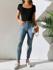 SHEIN Tall 素色大圓領T恤 - 黑色 - 查看 4