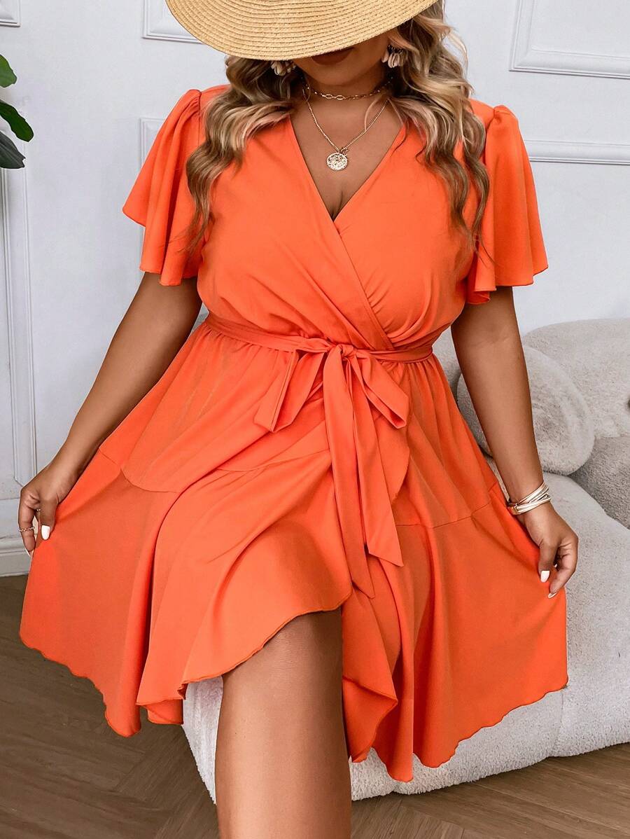 Calvaya Đầm Plus Size Thắt lưng Trọn gói màu trơn Giải trí - trái cam - Xem 1