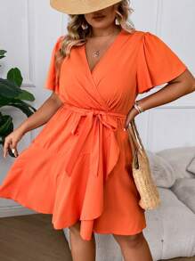 Calvaya Đầm Plus Size Thắt lưng Trọn gói màu trơn Giải trí - trái cam - Xem 3