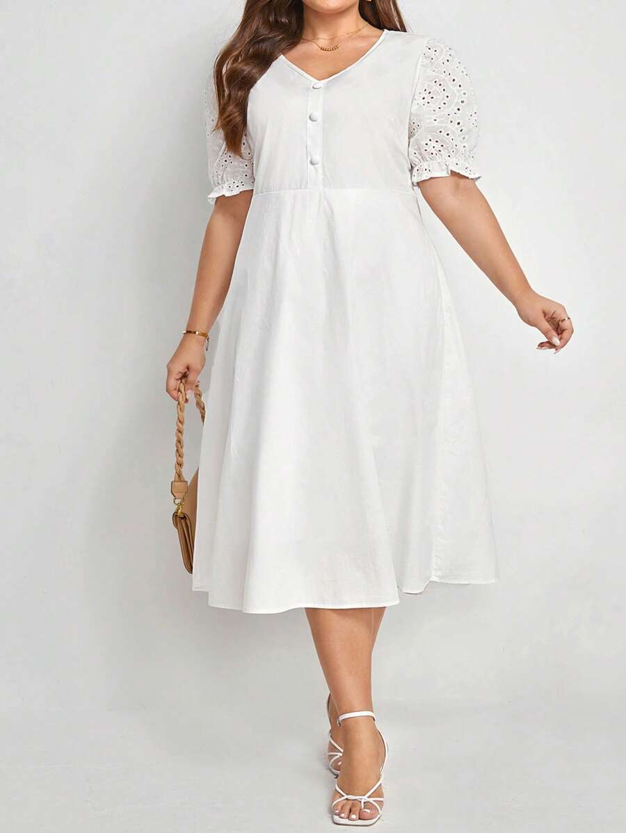 SHEIN Frenchy Đầm Plus Size Nút phía trước Tranh thêu màu trơn Giải trí - trắng - Xem 1