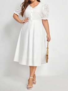 SHEIN Frenchy Đầm Plus Size Nút phía trước Tranh thêu màu trơn Giải trí - trắng - Xem 6