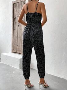 SHEIN LUNE 波點圖案前打結吊帶連體褲 - 黑色 - 查看 2