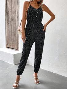 SHEIN LUNE 波點圖案前打結吊帶連體褲 - 黑色 - 查看 4