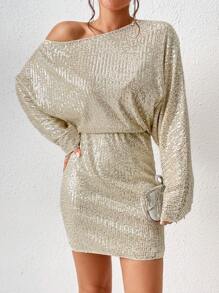 SHEIN BAE 不對稱領蝙蝠袖亮片連衣裙